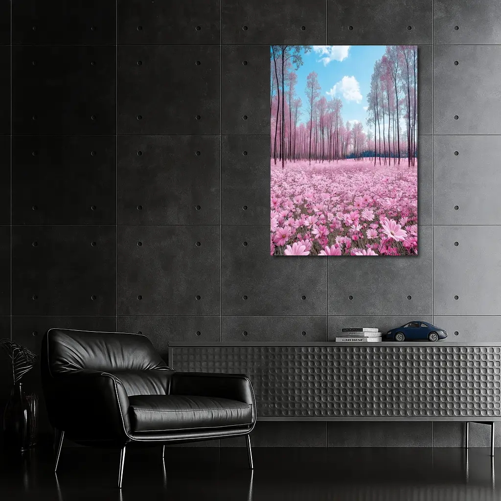 Pink Cosmos Flowers Forest Blue Sky – Wall Art