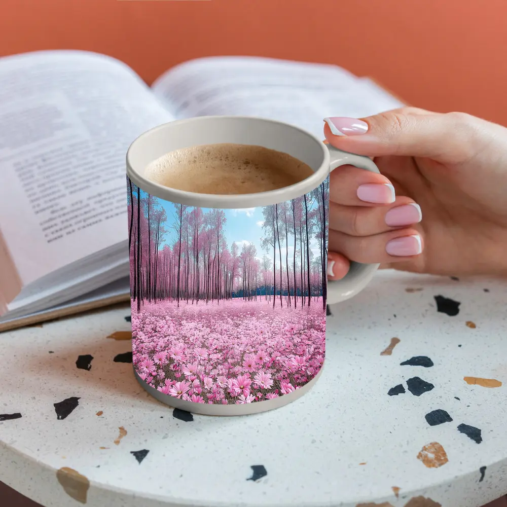Pink Cosmos Flowers Forest Blue Sky – Mugs