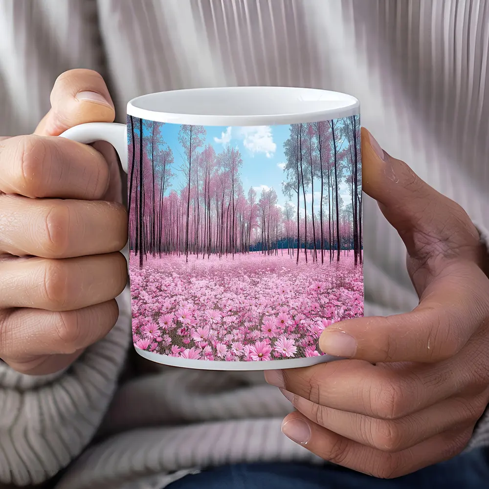 Pink Cosmos Flowers Forest Blue Sky – Mugs