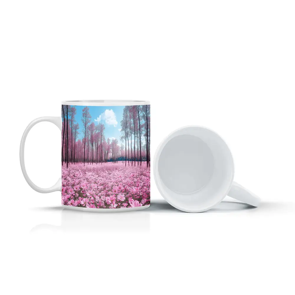 Pink Cosmos Flowers Forest Blue Sky – Mugs