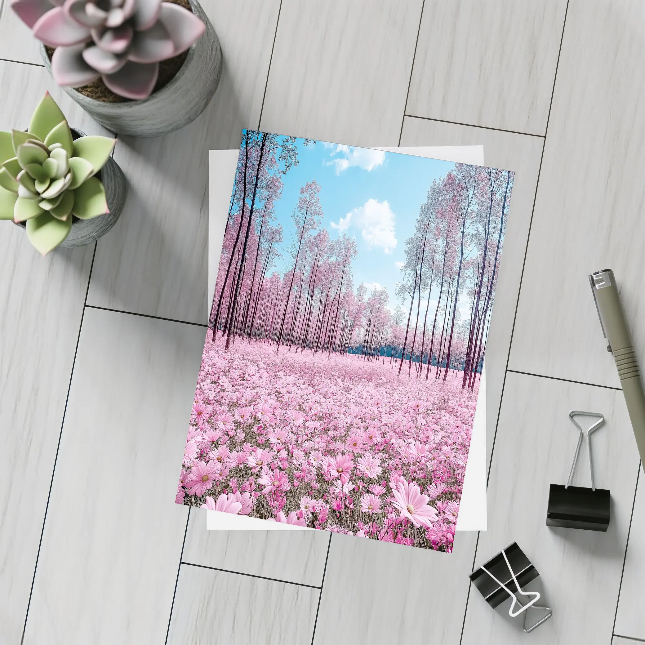 Pink Cosmos Flowers Forest Blue Sky – Postcards