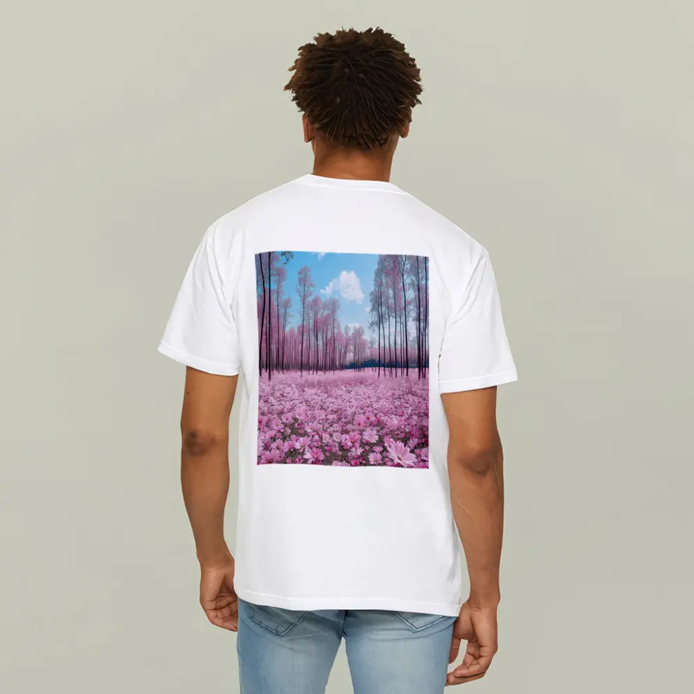 Pink Cosmos Flowers Forest Blue Sky – T-Shirts