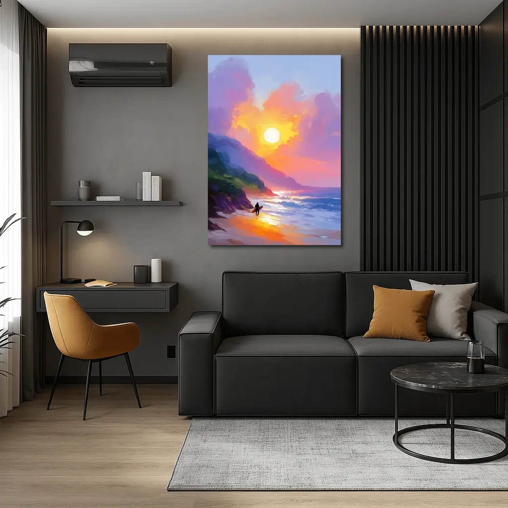 Surfer Walking Beach at Golden Sunset – Wall Art
