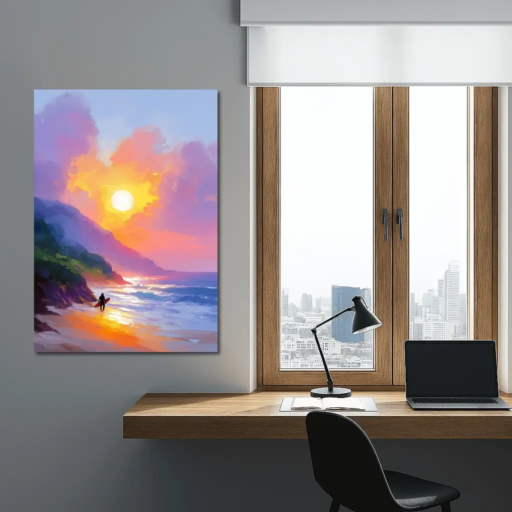 Surfer Walking Beach at Golden Sunset – Wall Art