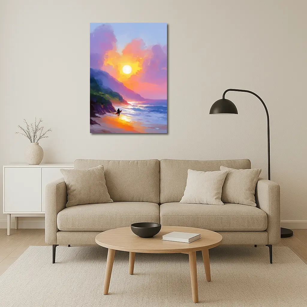 Surfer Walking Beach at Golden Sunset – Wall Art