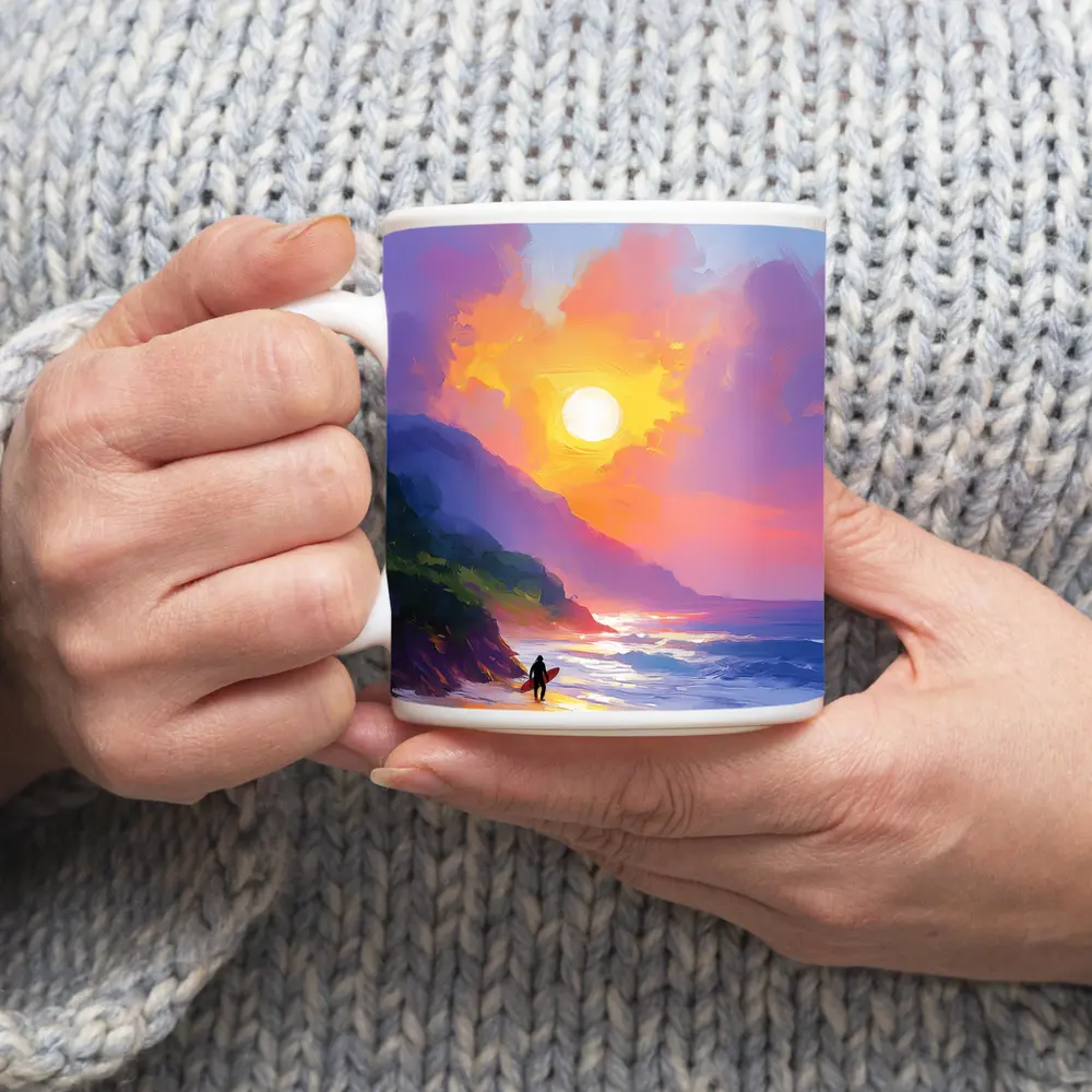 Surfer Walking Beach at Golden Sunset – Mugs
