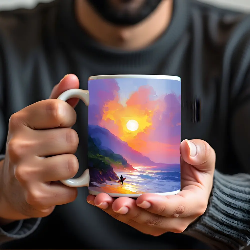 Surfer Walking Beach at Golden Sunset – Mugs