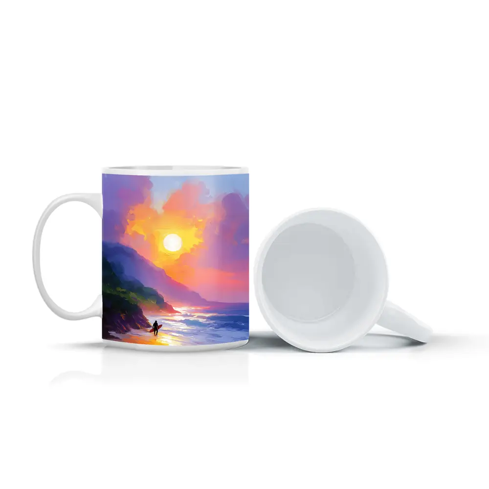 Surfer Walking Beach at Golden Sunset – Mugs