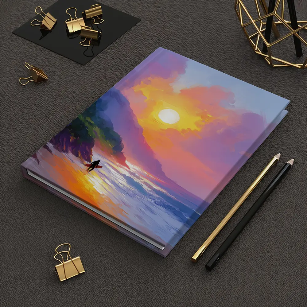 Surfer Walking Beach at Golden Sunset – Notebooks