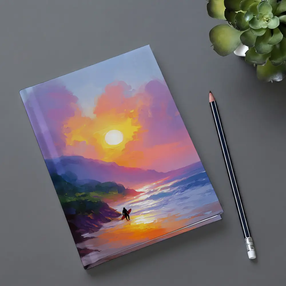 Surfer Walking Beach at Golden Sunset – Notebooks