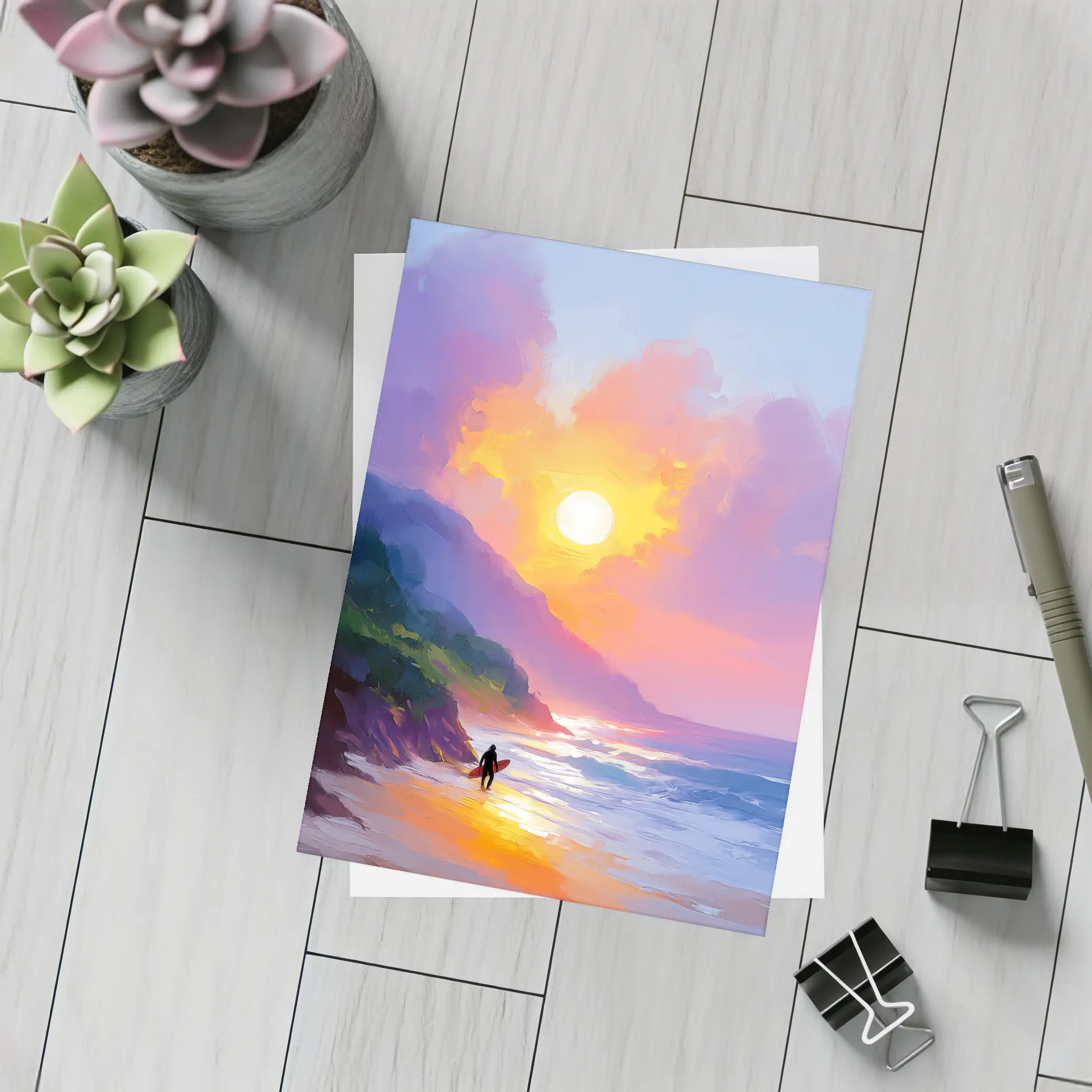 Surfer Walking Beach at Golden Sunset – Postcards