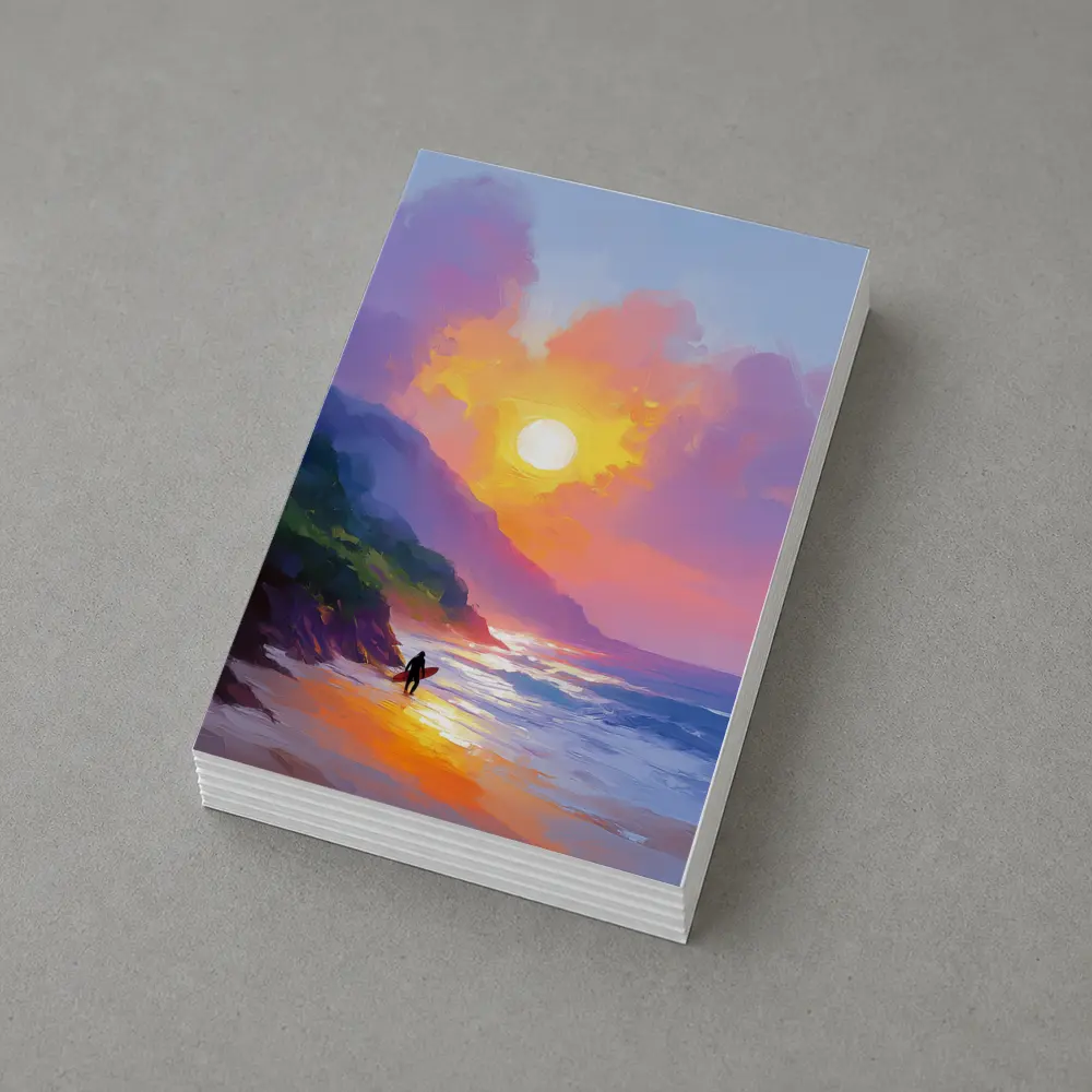 Surfer Walking Beach at Golden Sunset – Postcards