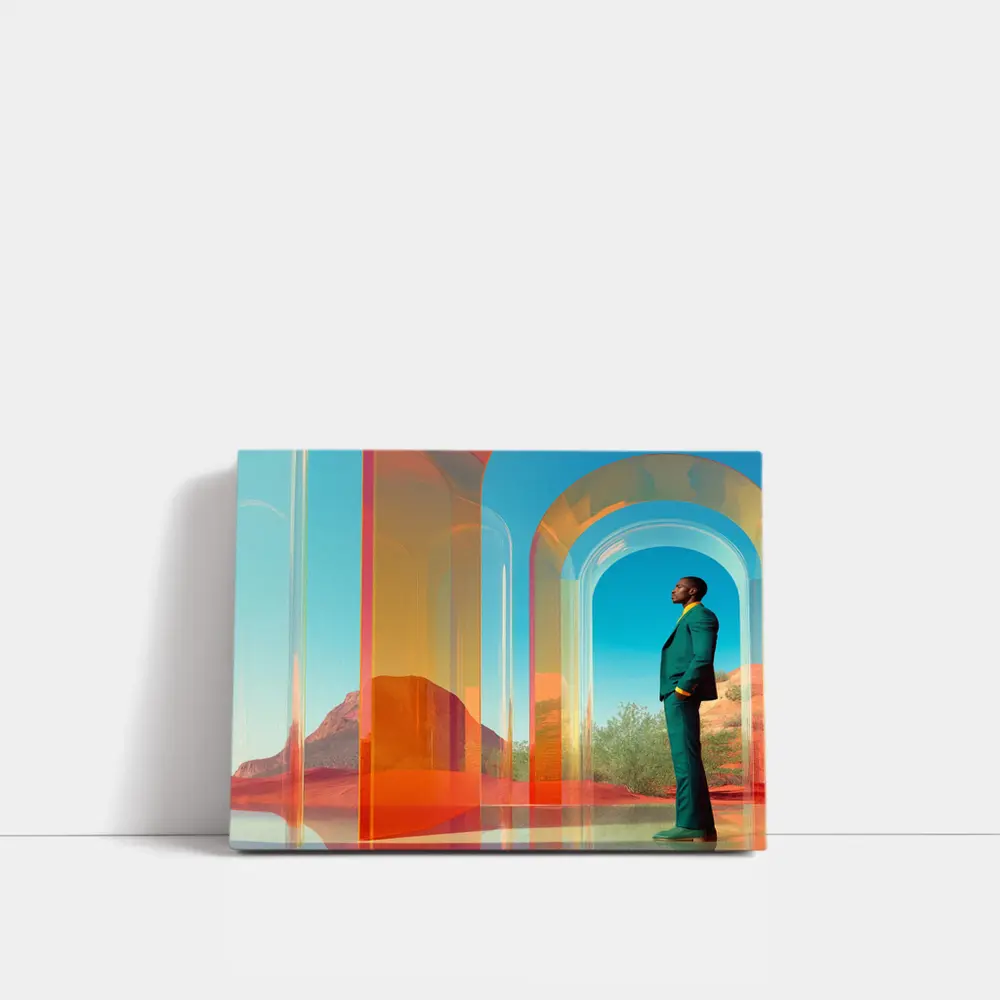 Man in Teal Suit Desert Arch Scene – Wall Art