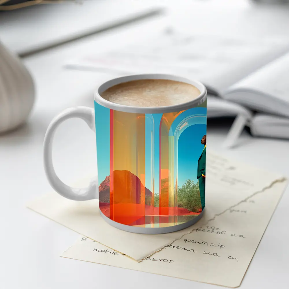 Man in Teal Suit Desert Arch Scene – Mugs
