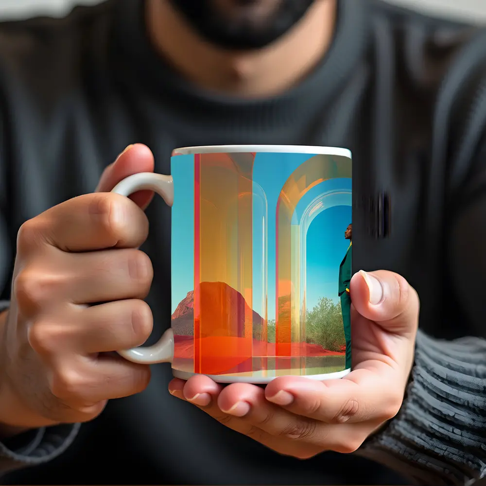 Man in Teal Suit Desert Arch Scene – Mugs
