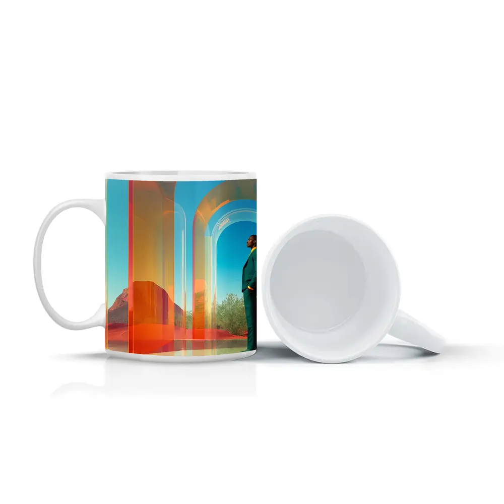 Man in Teal Suit Desert Arch Scene – Mugs