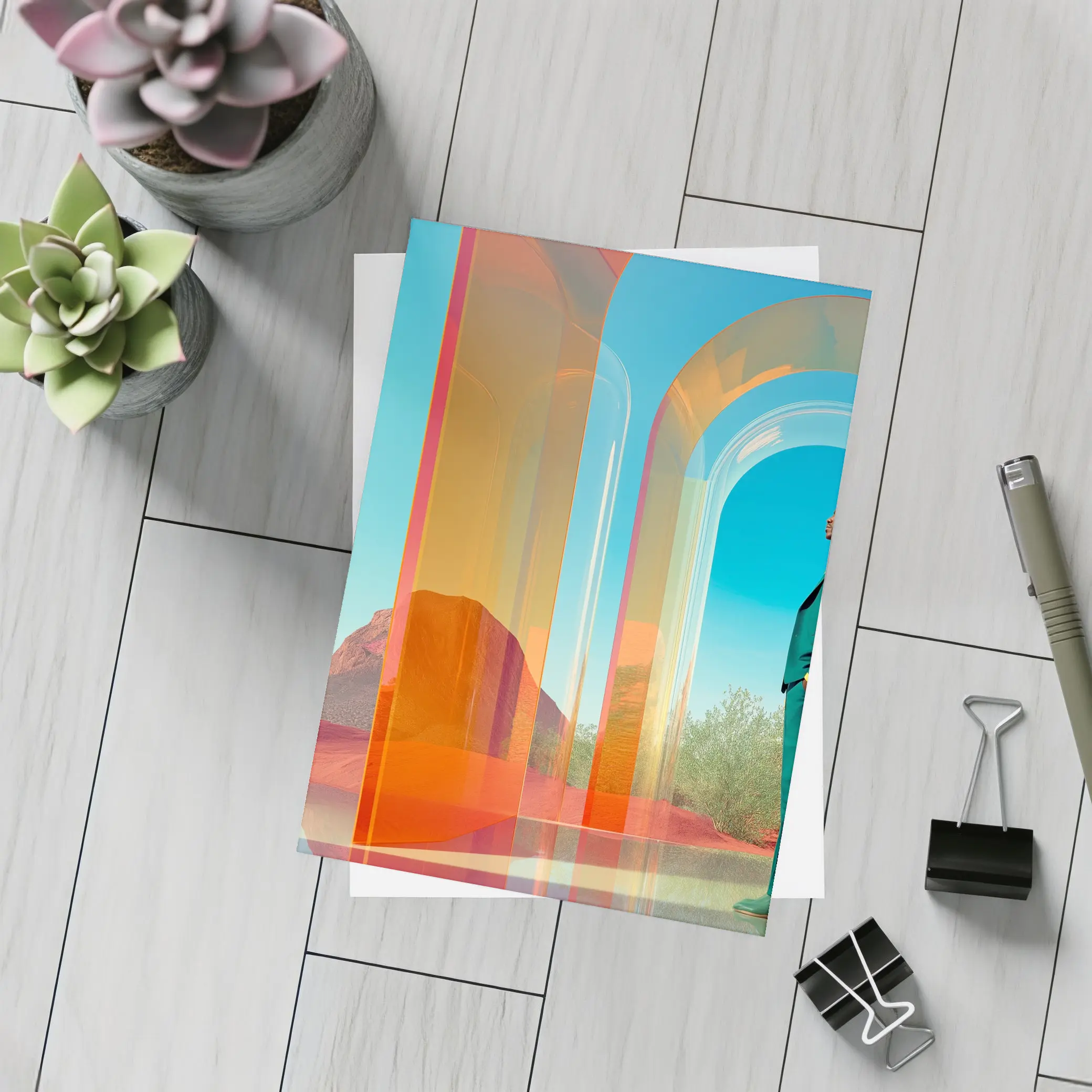 Man in Teal Suit Desert Arch Scene – Postcards