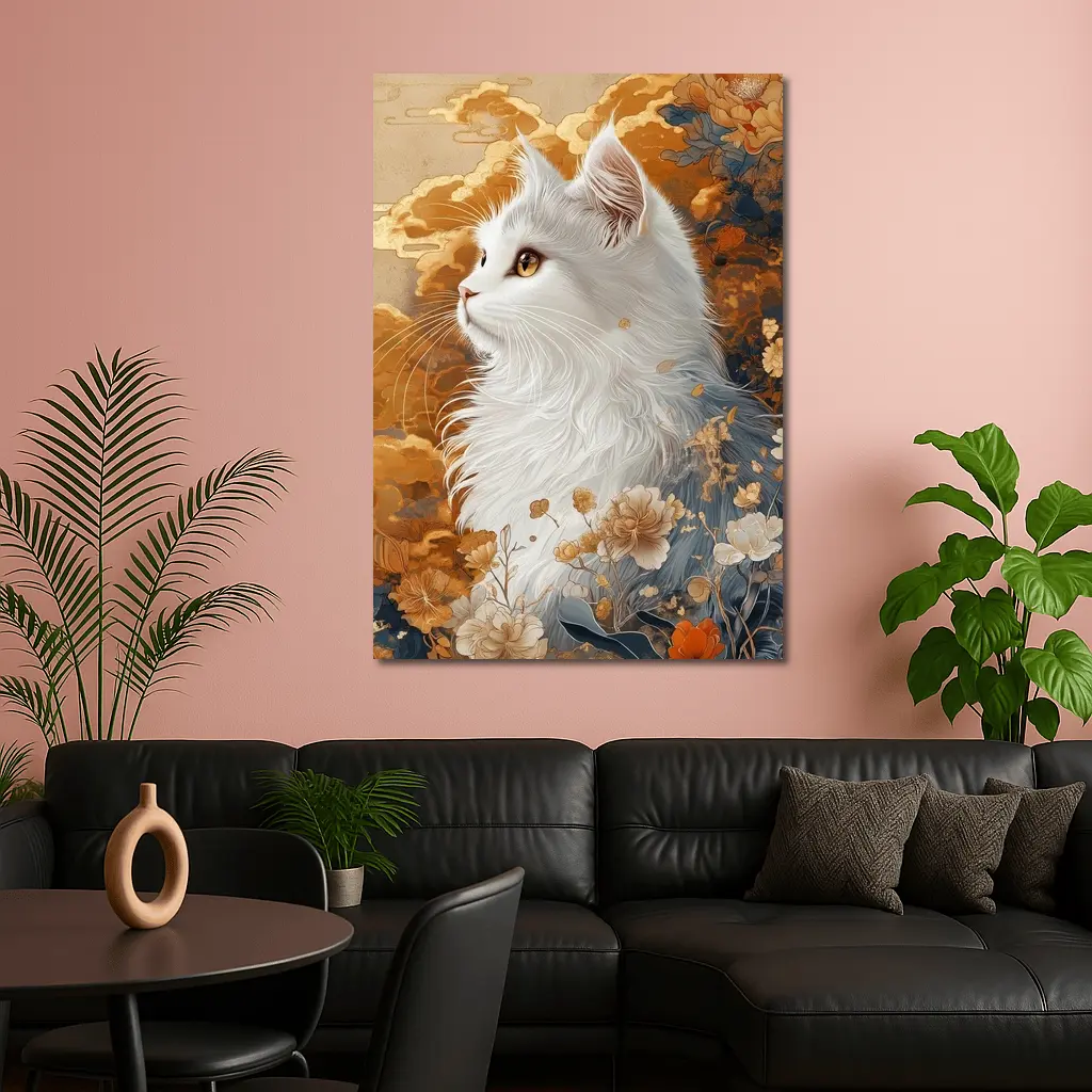 White Cat Japanese Floral Gold Art – Wall Art