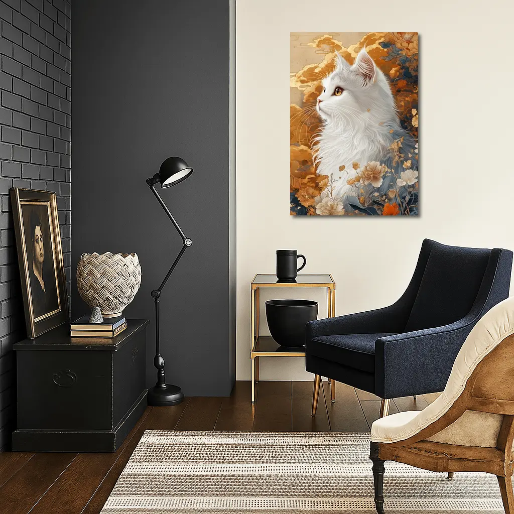 White Cat Japanese Floral Gold Art – Wall Art