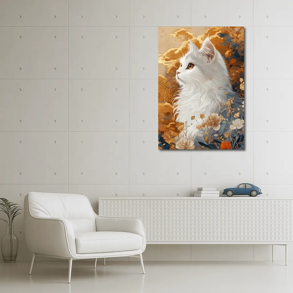 White Cat Japanese Floral Gold Art – Wall Art