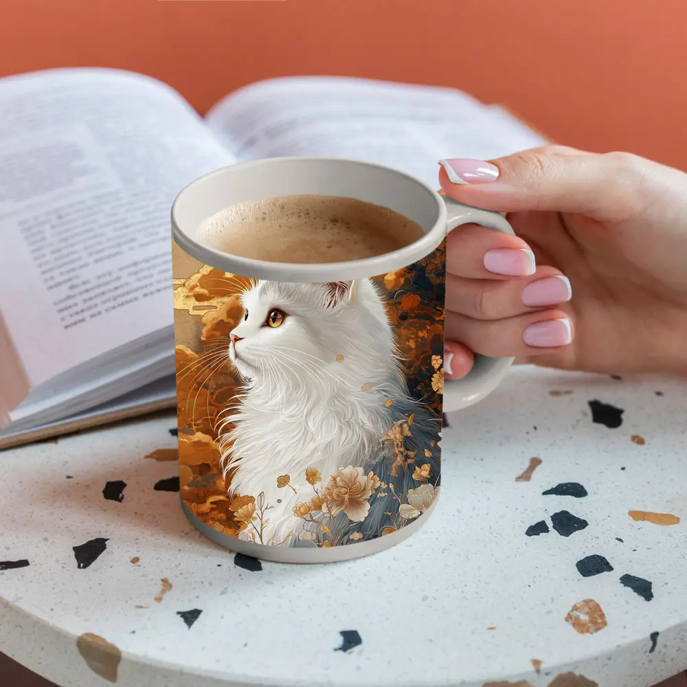 White Cat Japanese Floral Gold Art – Mugs