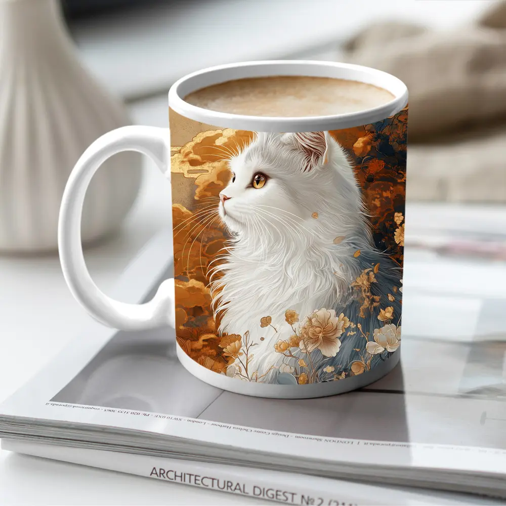 White Cat Japanese Floral Gold Art – Mugs