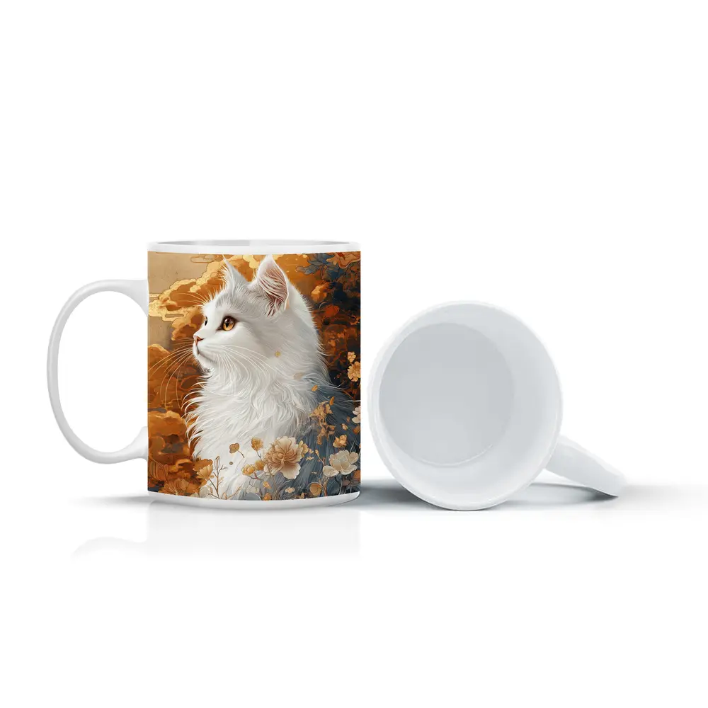 White Cat Japanese Floral Gold Art – Mugs