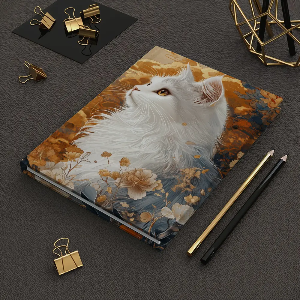 White Cat Japanese Floral Gold Art – Notebooks