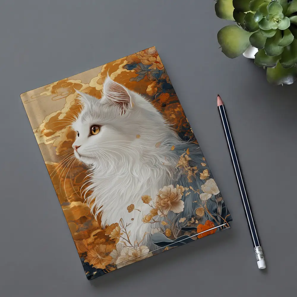White Cat Japanese Floral Gold Art – Notebooks