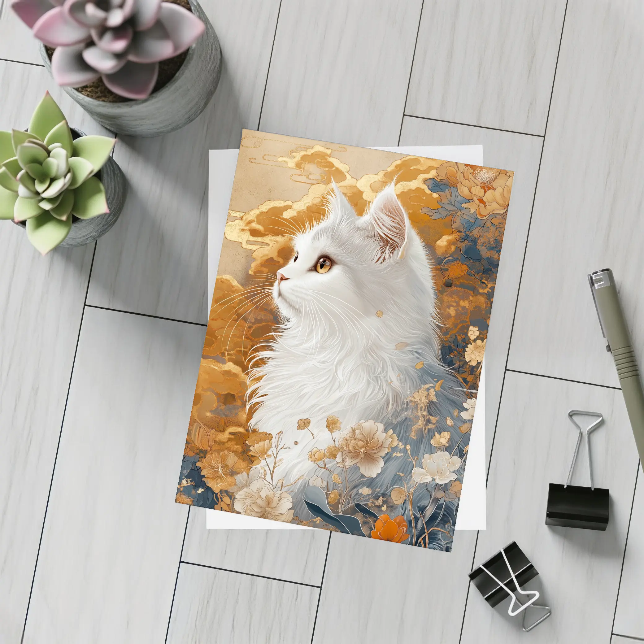 White Cat Japanese Floral Gold Art – Postcards
