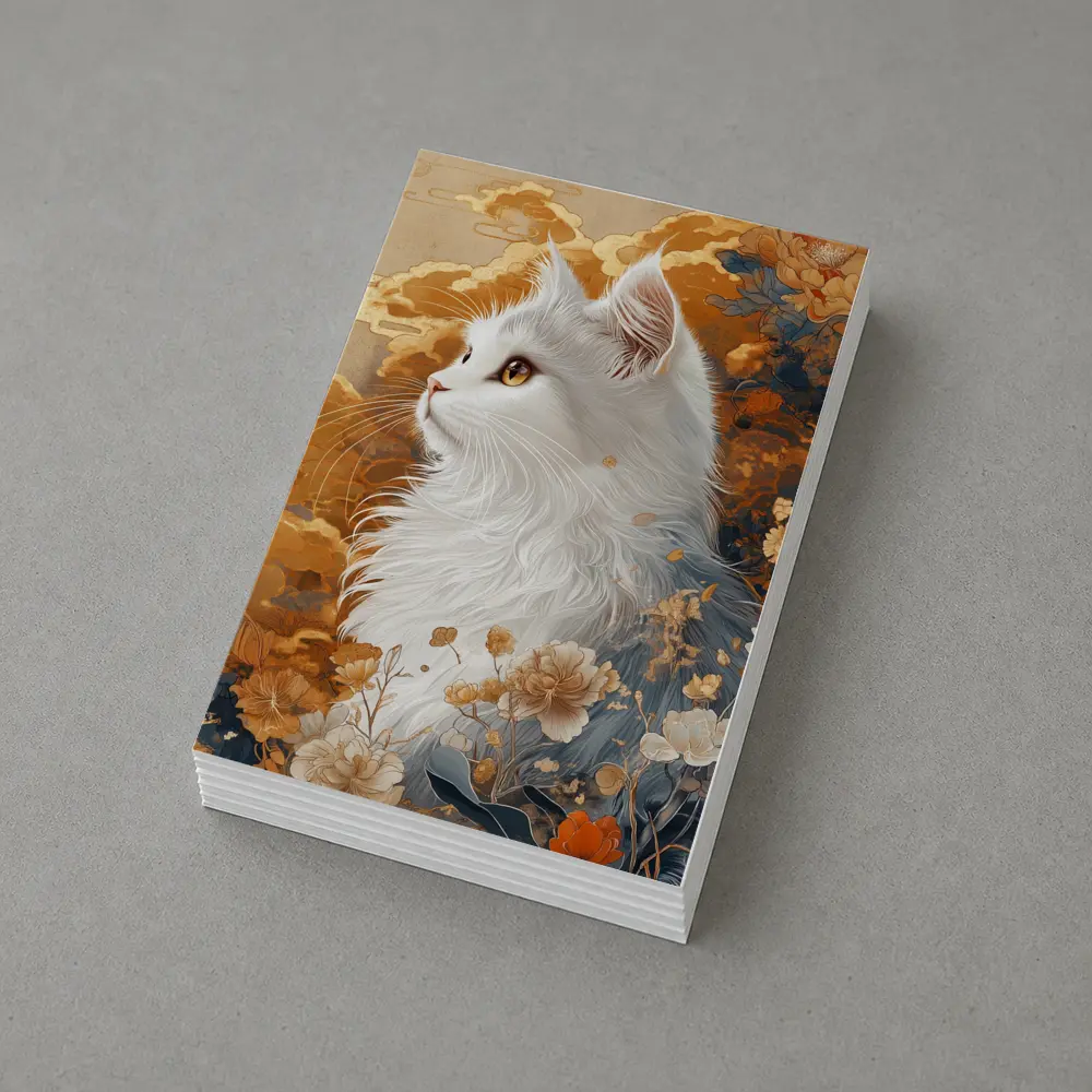 White Cat Japanese Floral Gold Art – Postcards