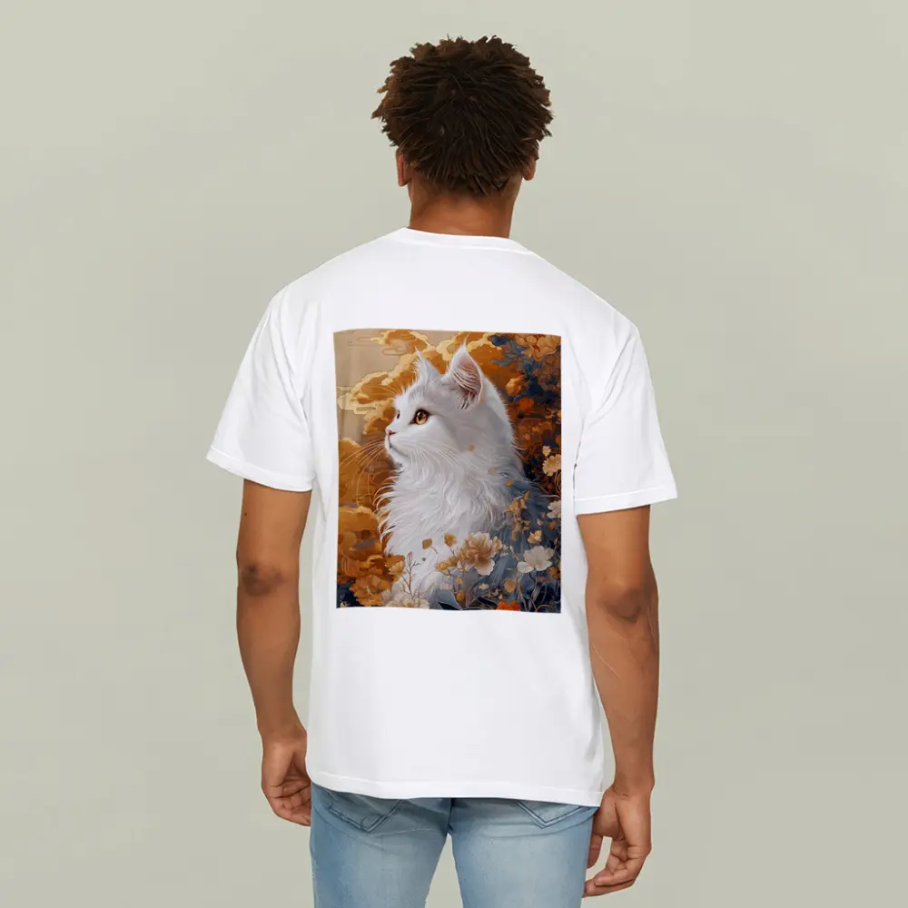 White Cat Japanese Floral Gold Art – T-Shirts