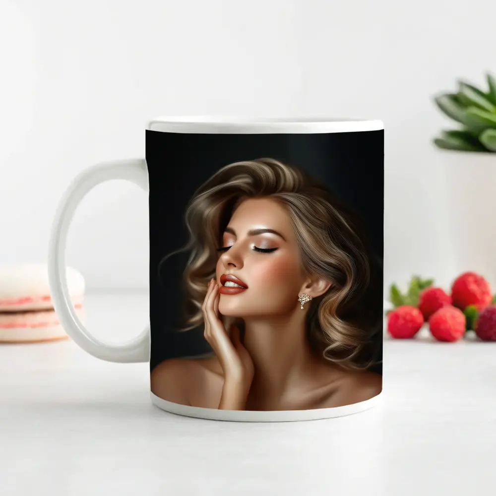 Elegant Woman Portrait Dark Background Glamour – Mugs