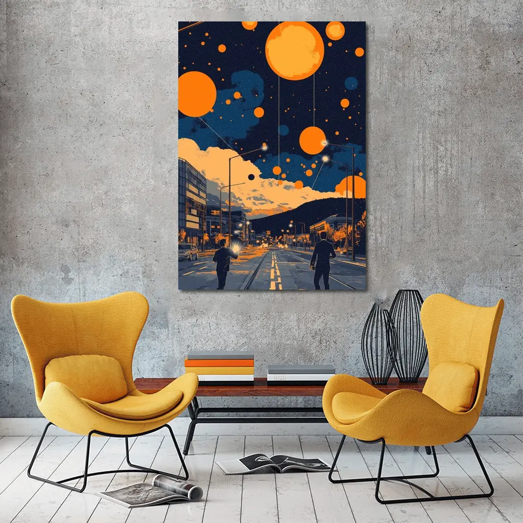 Anime City Street Orange Planets Night Sky – Wall Art