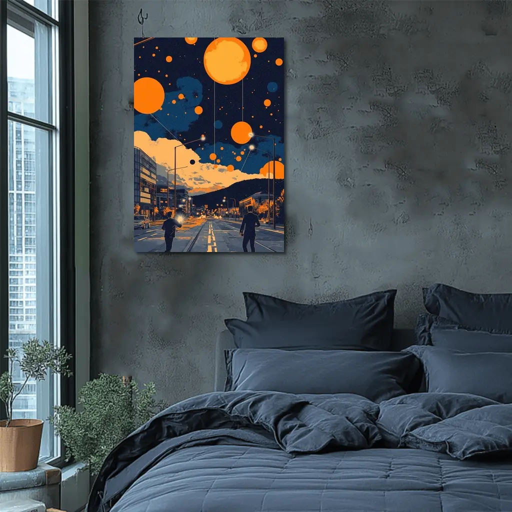 Anime City Street Orange Planets Night Sky – Wall Art