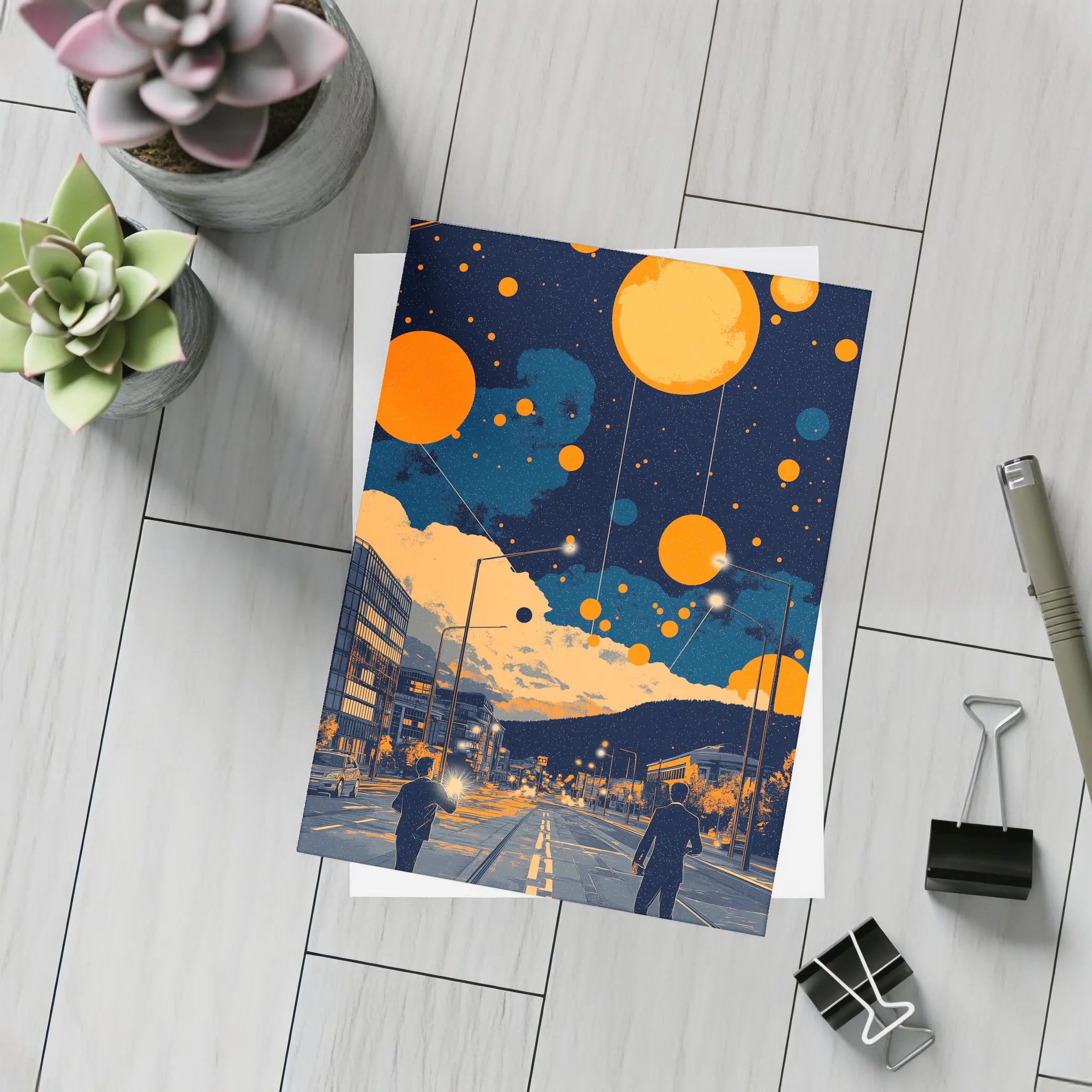 Anime City Street Orange Planets Night Sky – Postcards