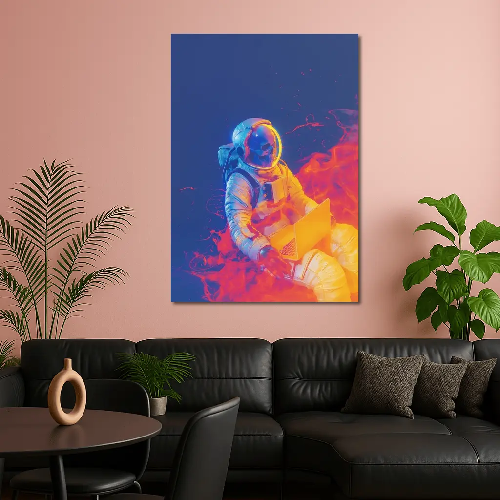 Astronaut Working Laptop Neon Space Flames – Wall Art