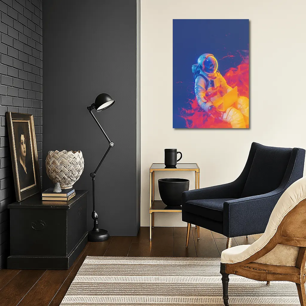 Astronaut Working Laptop Neon Space Flames – Wall Art