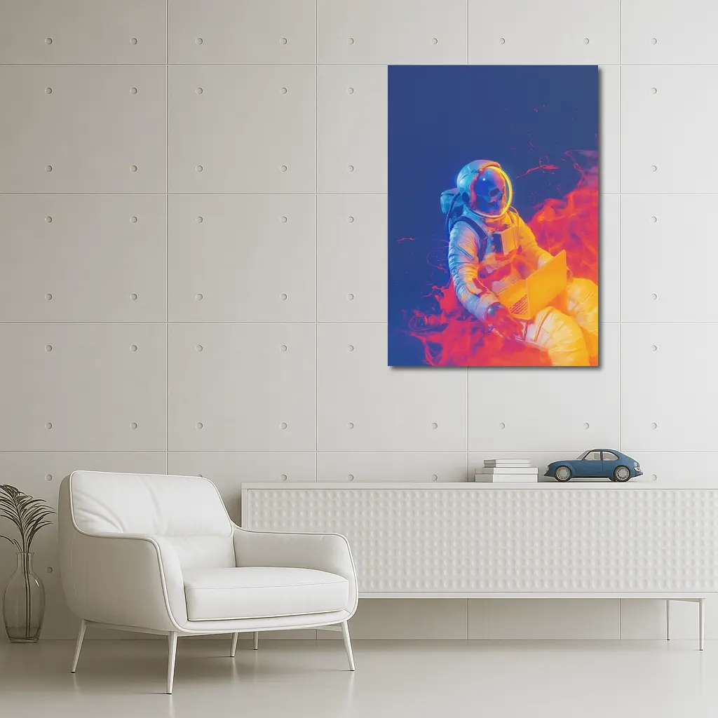 Astronaut Working Laptop Neon Space Flames – Wall Art
