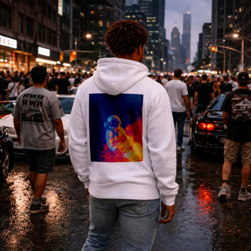 Astronaut Working Laptop Neon Space Flames – Hoodies