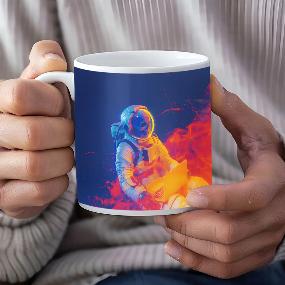 Astronaut Working Laptop Neon Space Flames – Mugs