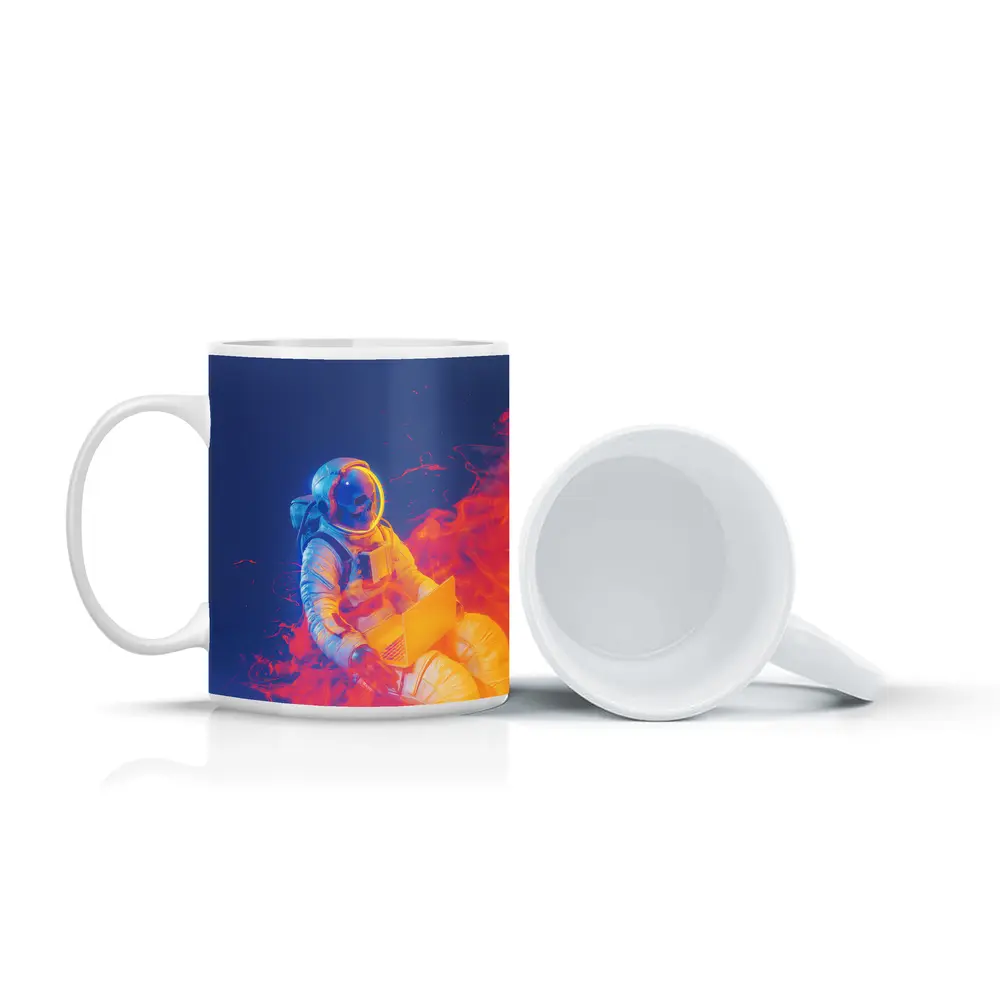 Astronaut Working Laptop Neon Space Flames – Mugs