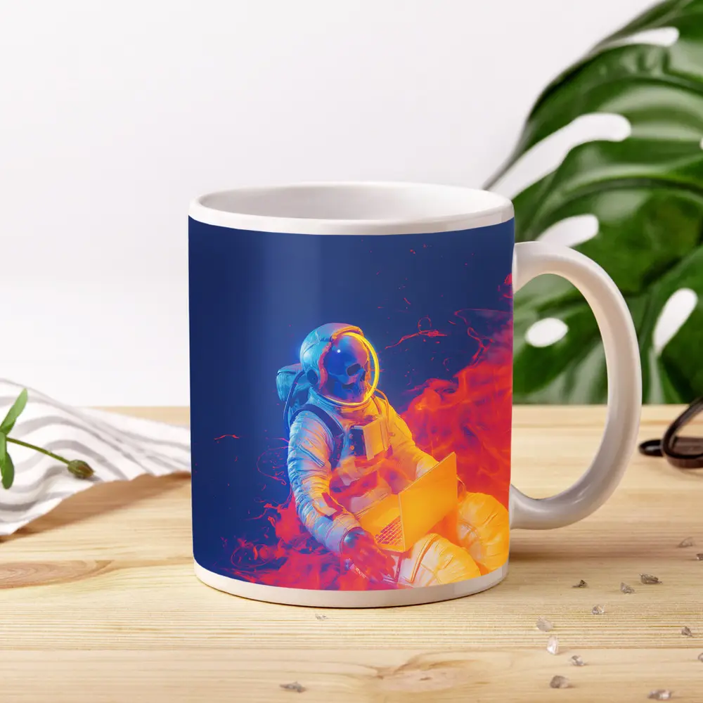 Astronaut Working Laptop Neon Space Flames – Mugs