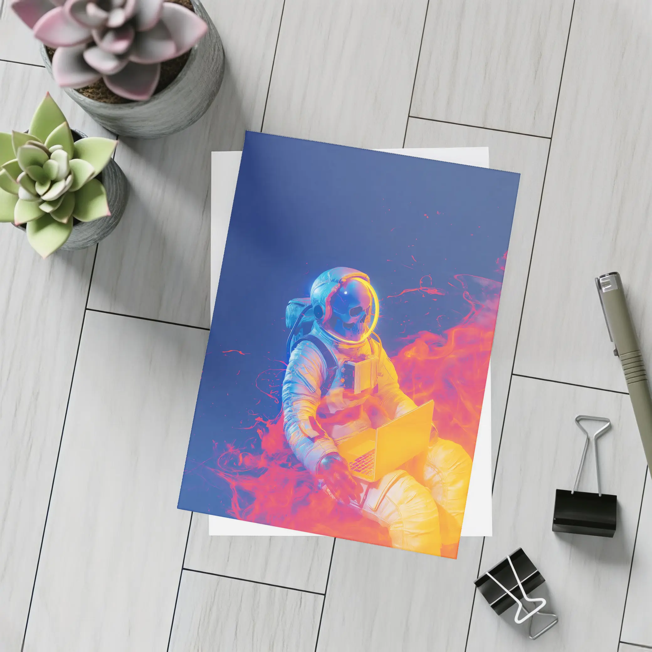 Astronaut Working Laptop Neon Space Flames – Postcards