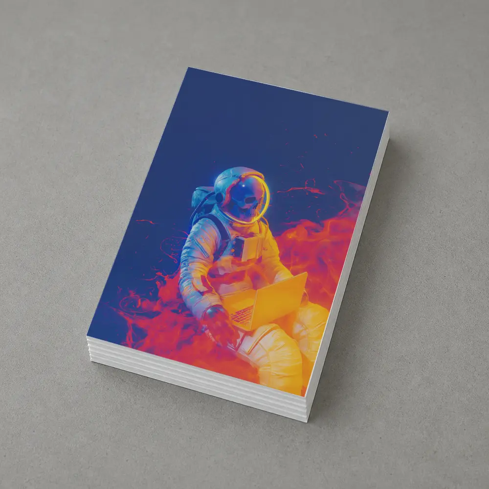 Astronaut Working Laptop Neon Space Flames – Postcards