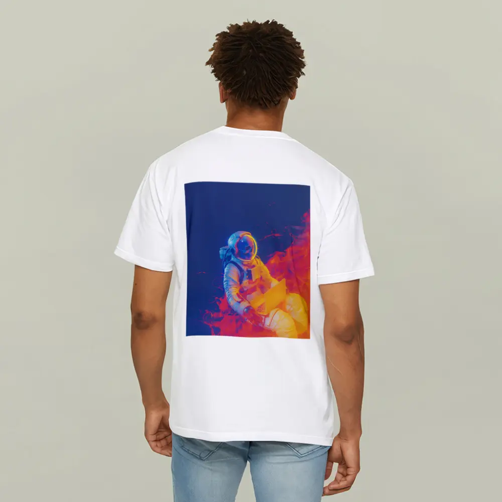 Astronaut Working Laptop Neon Space Flames – T-Shirts