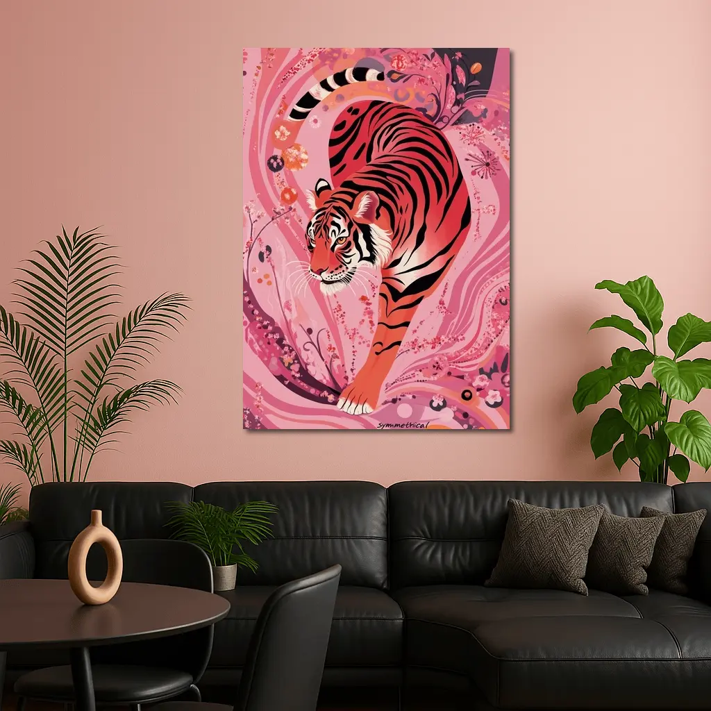 Red Tiger Prowling Pink Floral Swirl Background – Wall Art