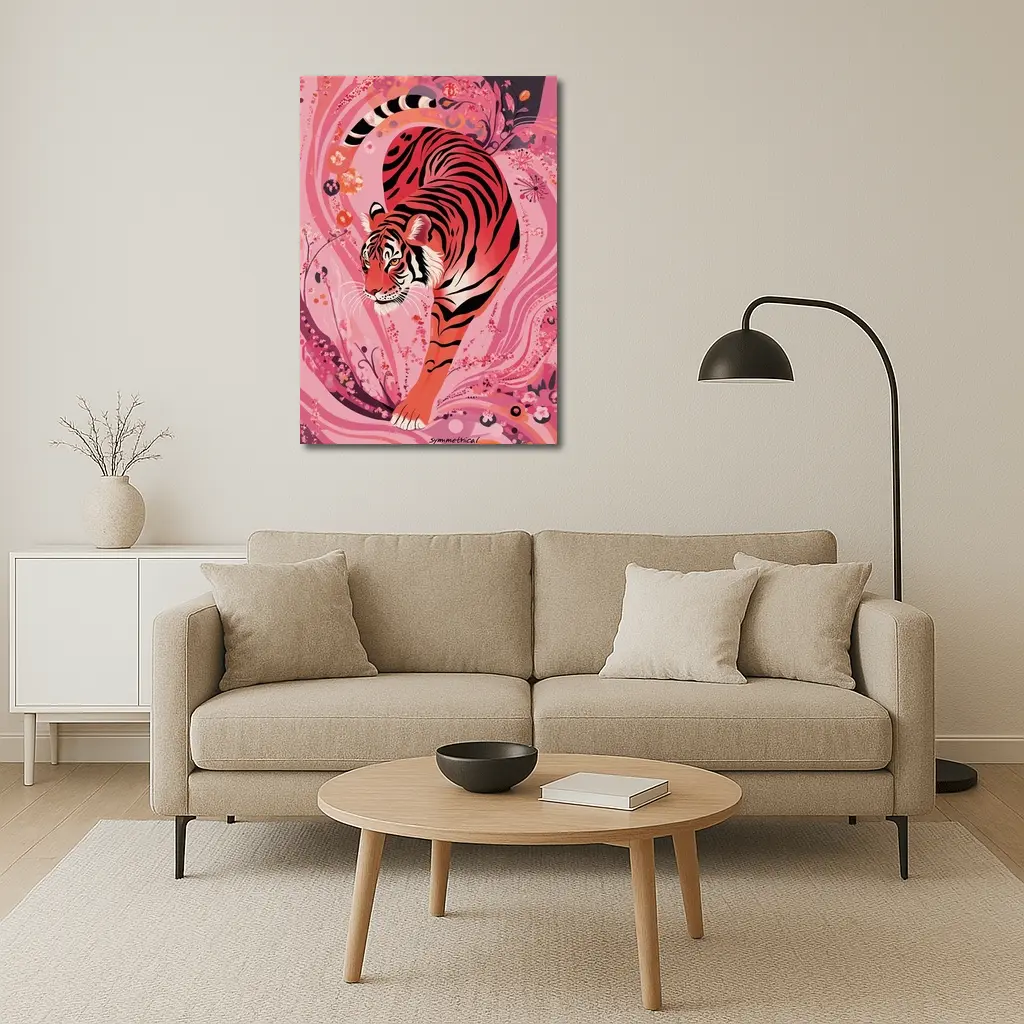 Red Tiger Prowling Pink Floral Swirl Background – Wall Art