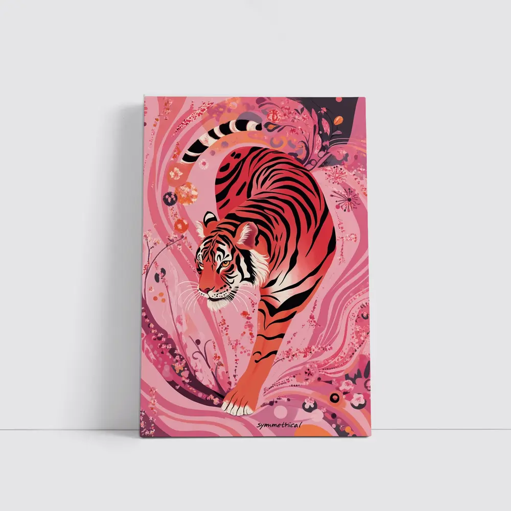 Red Tiger Prowling Pink Floral Swirl Background – Wall Art