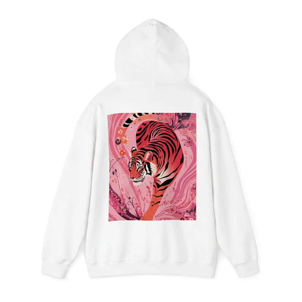 Red Tiger Prowling Pink Floral Swirl Background – Hoodies